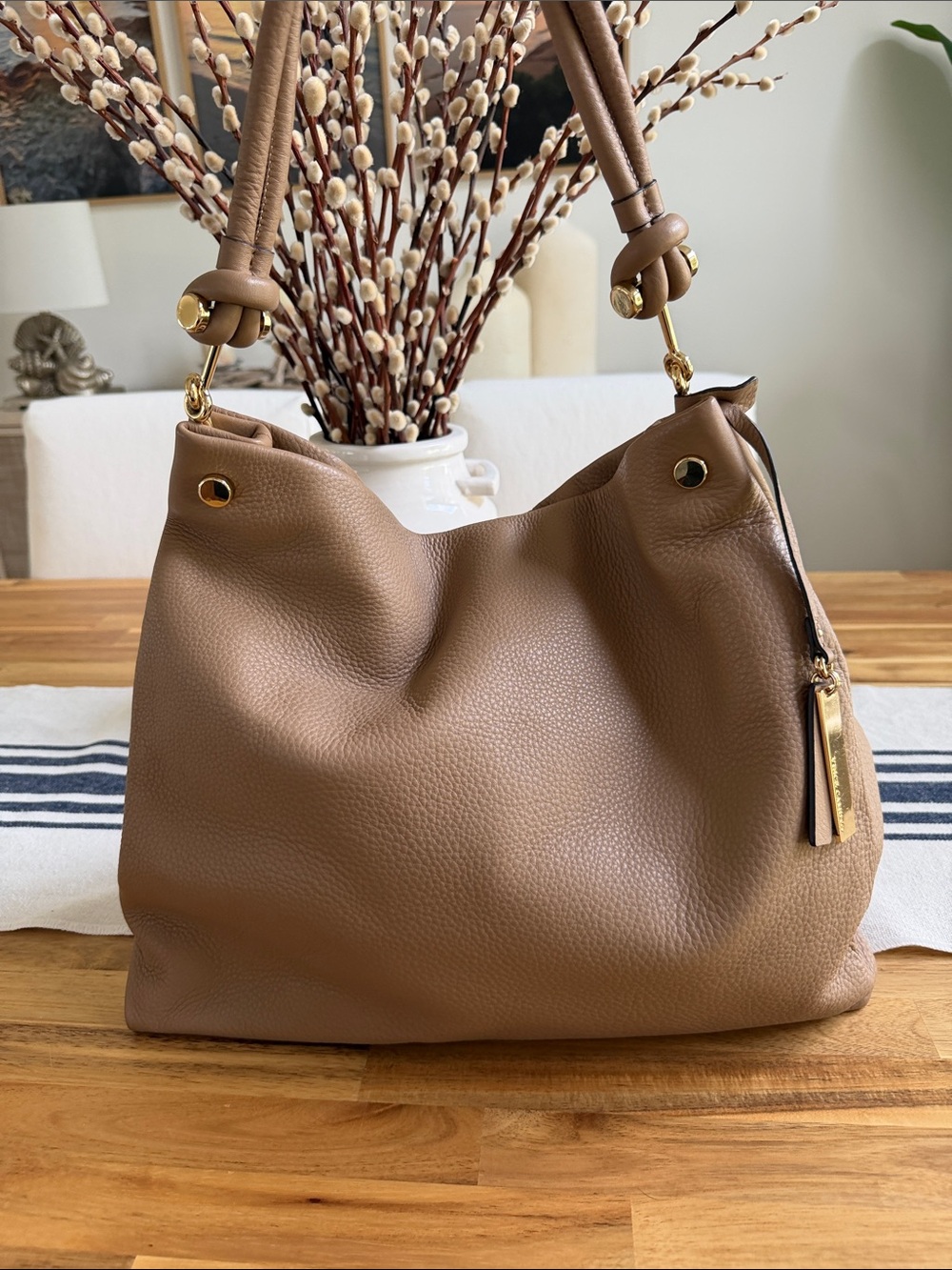 Women's Leather Hobo Bag - Taupe